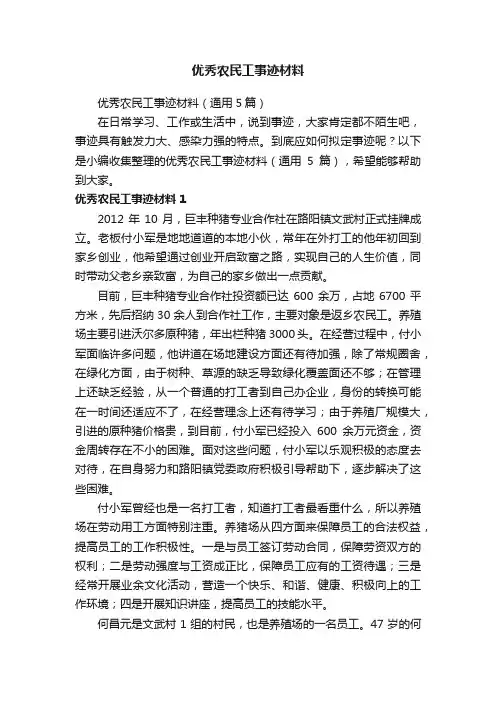 优秀农民工事迹材料（通用5篇）