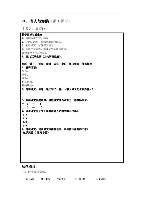 人教新课标六年级语文上册21、老人与海鸥导学案