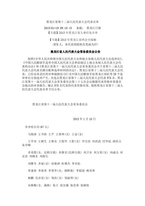 黑龙江省第十二届人民代表大会代表名单