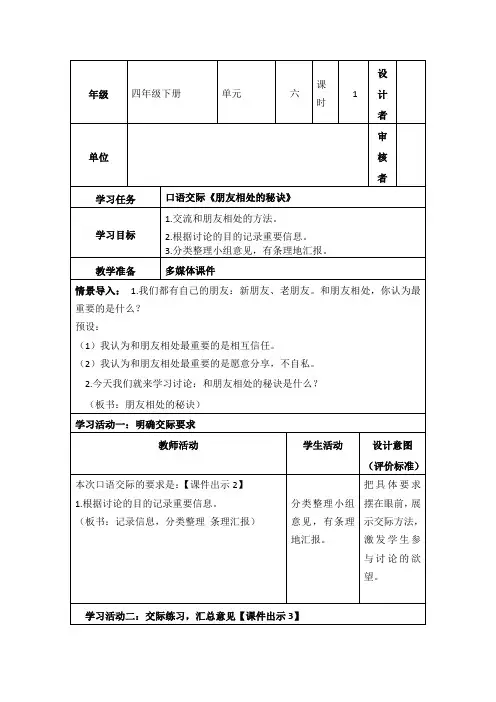 部编小学语文四年级下册第六单元《口语交际》教学设计