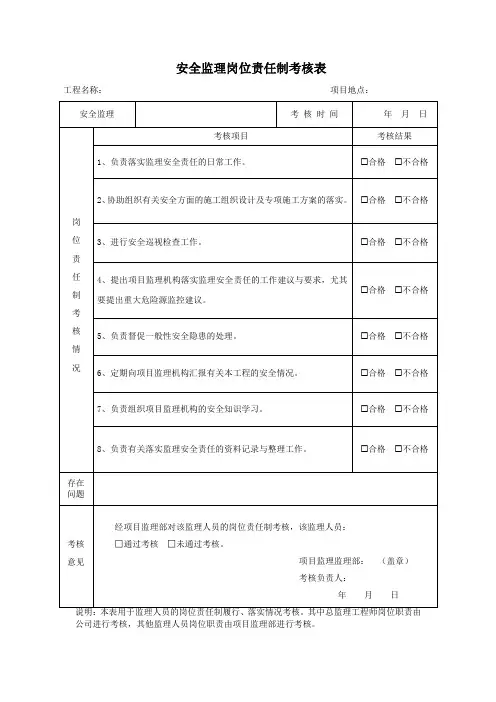 安全监理岗位责任制考核表