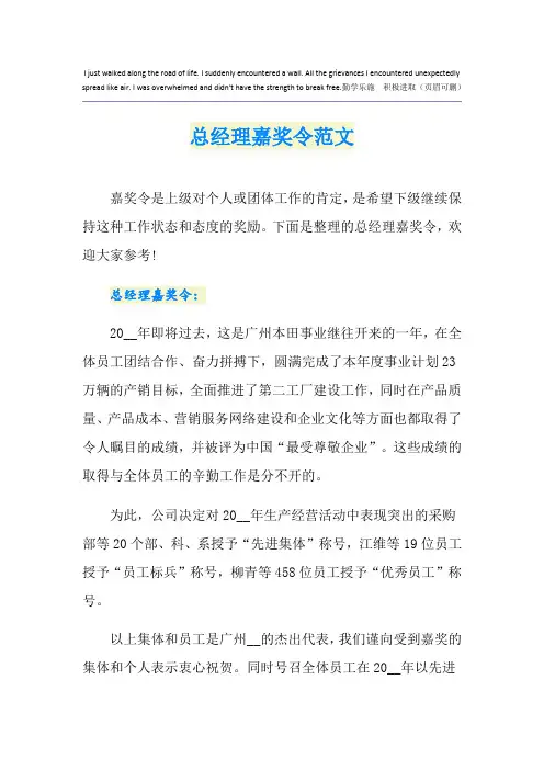 总经理嘉奖令范文