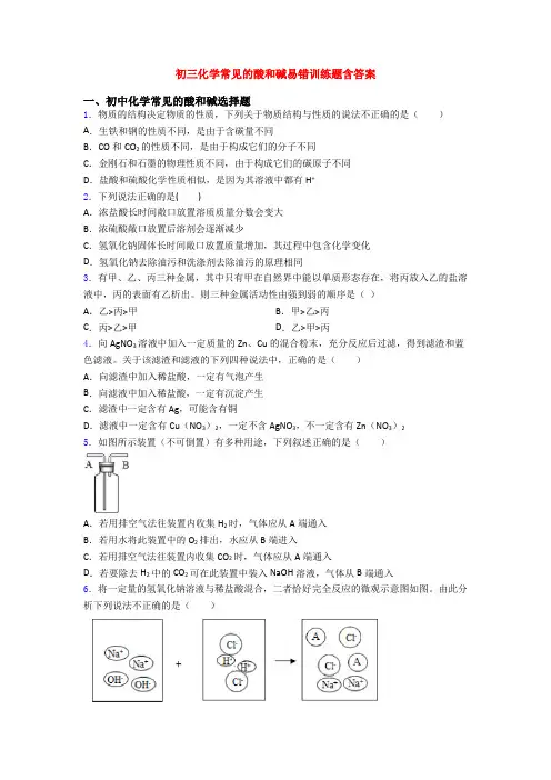初三化学常见的酸和碱易错训练题含答案