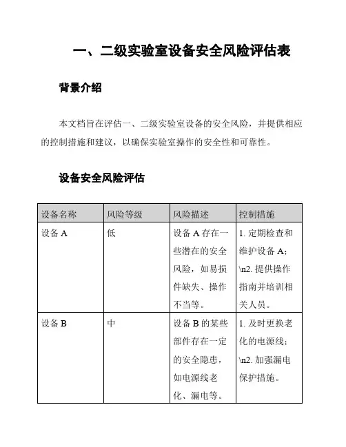 一、二级实验室设备安全风险评估表