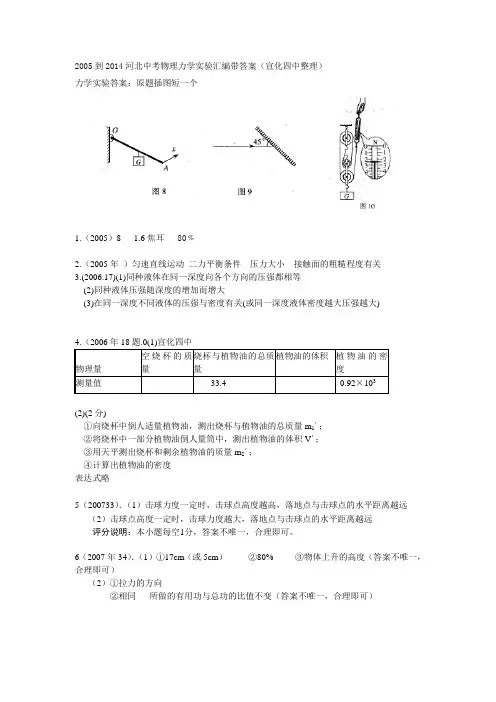 2005到2014河北中考力学实验及答案汇编
