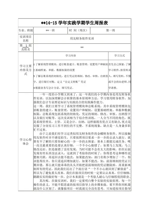 用友财务软件,实训总结