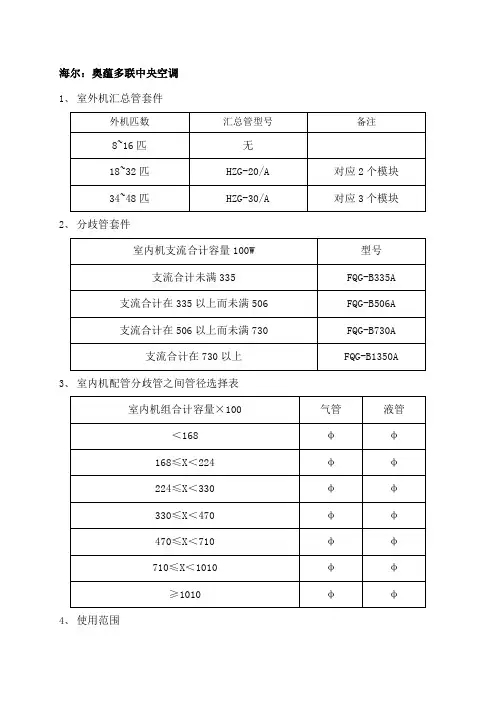 各厂家多联机分歧管及管径选择标准