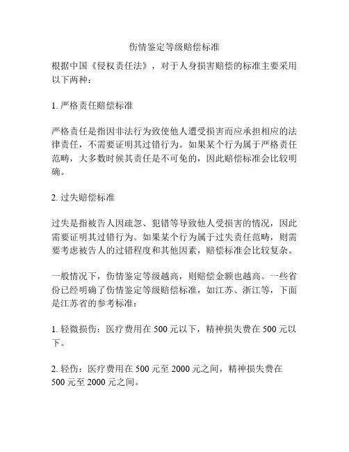 伤情鉴定等级赔偿标准