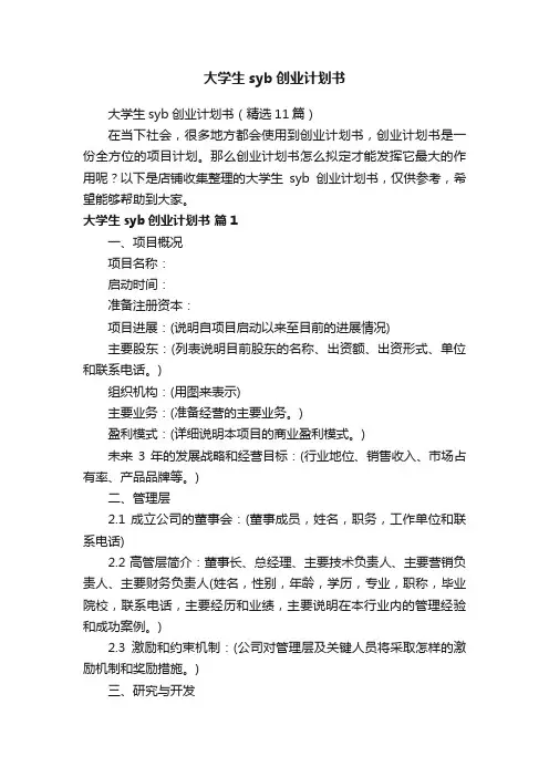 大学生syb创业计划书