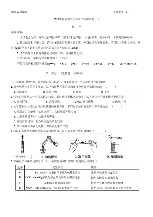 2023年陕西省咸阳市乾县九年级中考一模化学试卷含答案