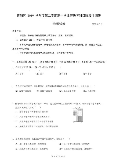 2020 上海市黄浦区高三二模物理试卷+参考答案+评分标准