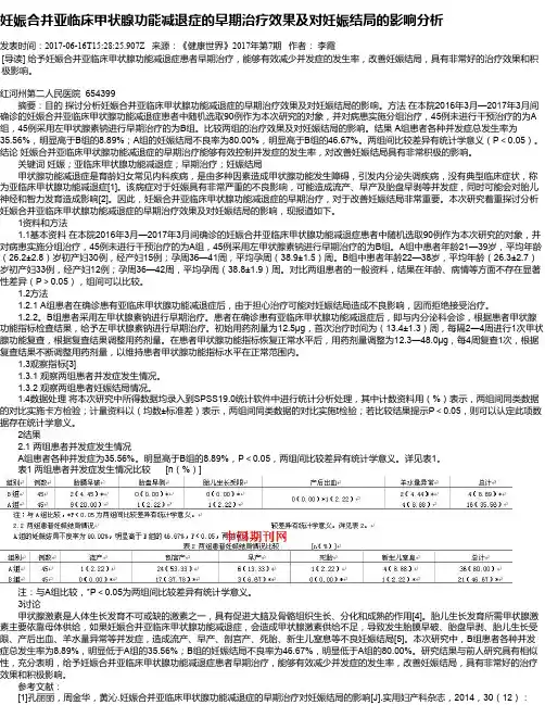 妊娠合并亚临床甲状腺功能减退症的早期治疗效果及对妊娠结局的影响分析