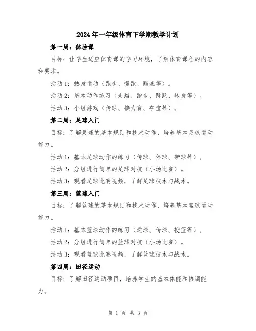 2024年一年级体育下学期教学计划
