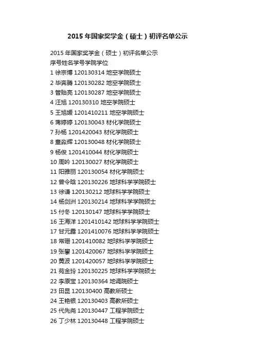 2015年国家奖学金（硕士）初评名单公示