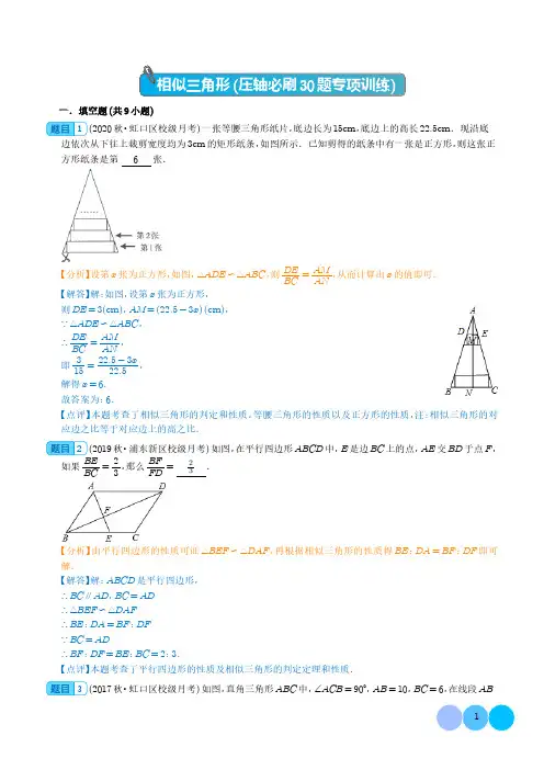 九年级数学 相似三角形(压轴必刷30题专项训练)(解析版)