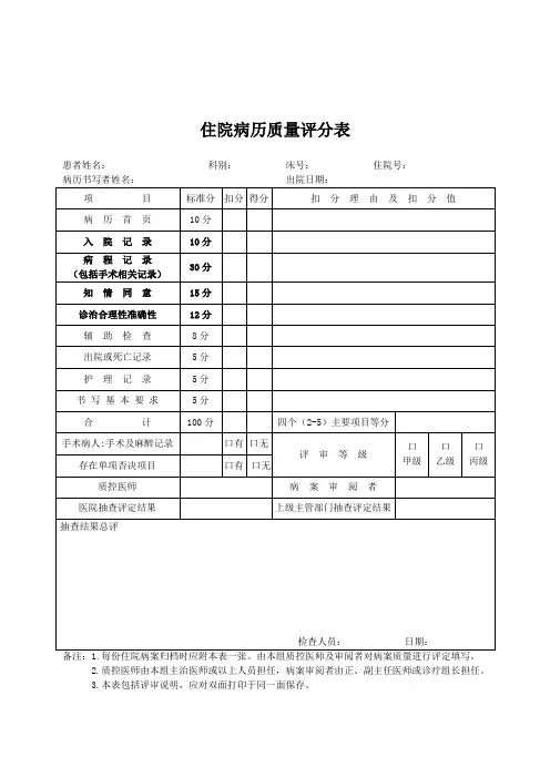 住院病历质量评分表