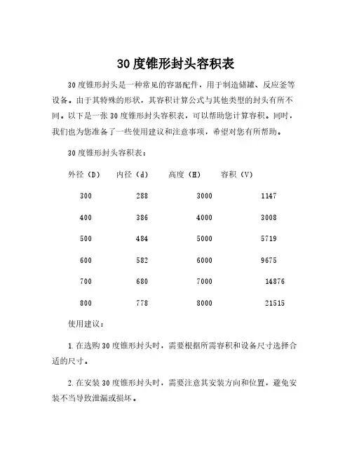 30度锥形封头容积表