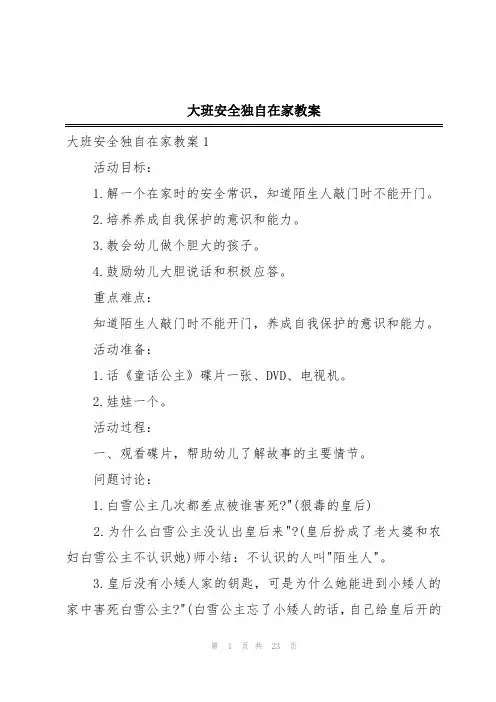 大班安全独自在家教案