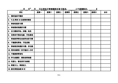 小学生日常表现积分表