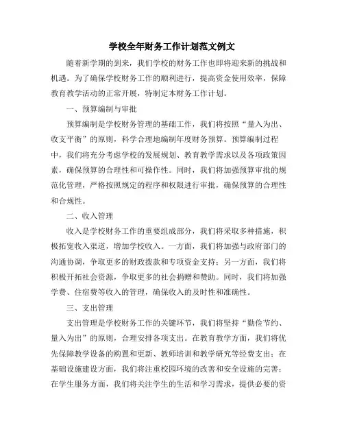 学校全年财务工作计划范文例文