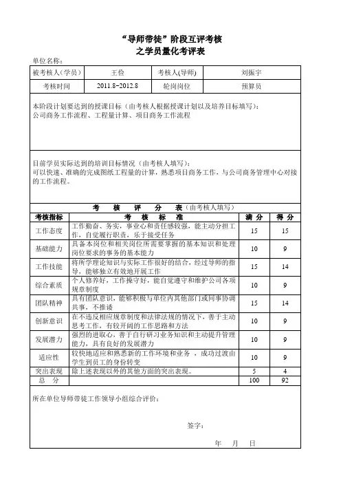 王俭导师带徒总结考核表格