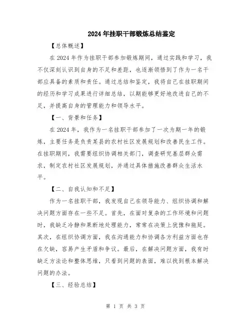 2024年挂职干部锻炼总结鉴定