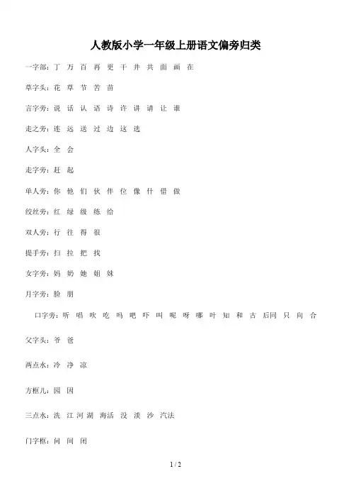人教版小学一年级上册语文偏旁归类