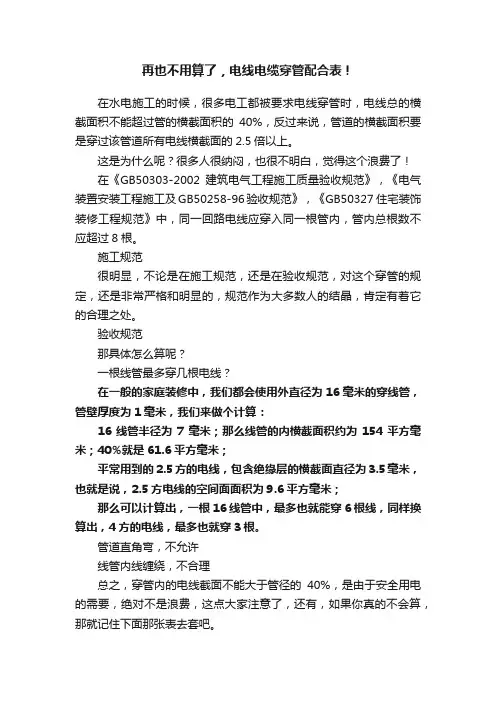 再也不用算了，电线电缆穿管配合表！