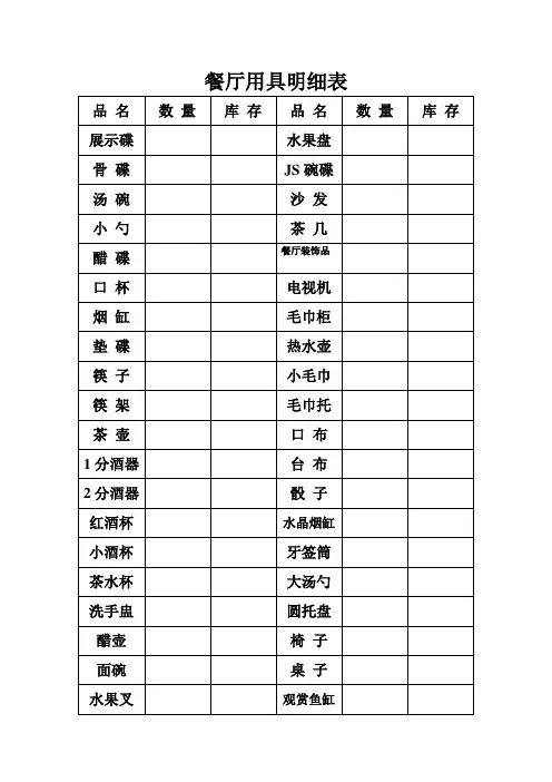 餐厅用具明细表