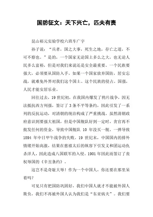 国防征文：天下兴亡,匹夫有责[工作范文]