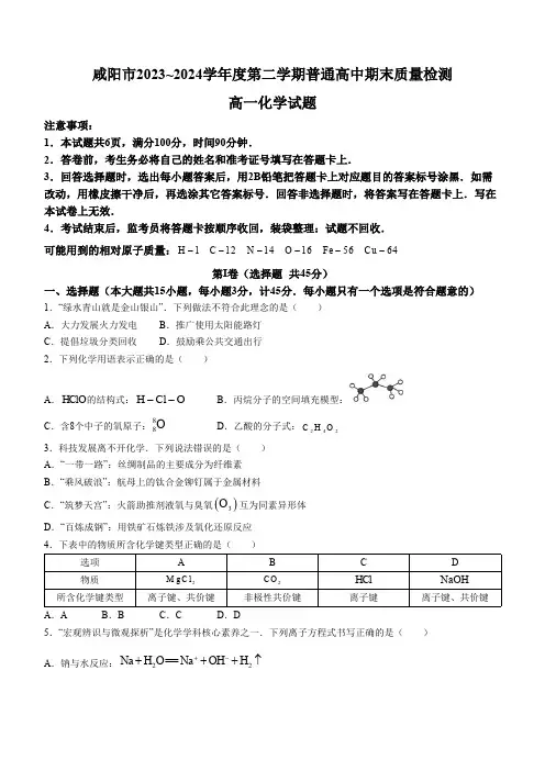 陕西省咸阳市2023-2024学年高一下学期7月期末考试化学试题(含答案)