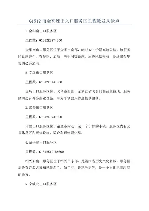 G1512甬金高速出入口服务区里程数及风景点