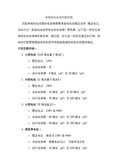 单相电机电容匹配列表