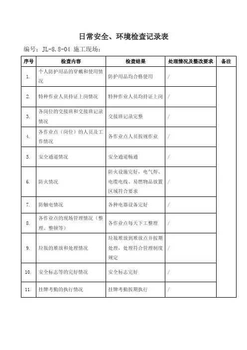 日常安全、环境检查记录表