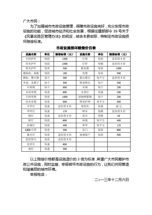 市政设施损坏赔偿标准