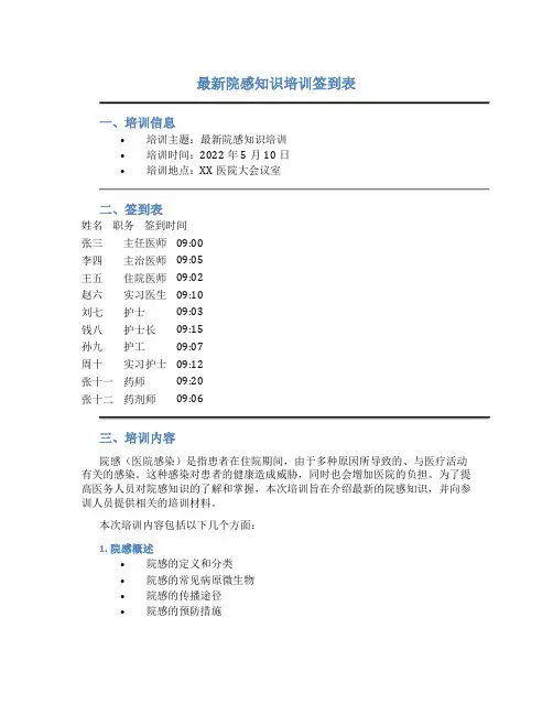 最新院感知识培训签到表