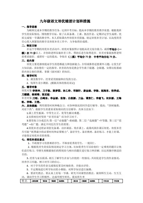 九年级语文培优辅差计划