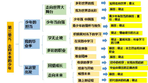 第三单元  走向未来的少年(思维导图)九年级下册道德与法治单元知识提纲及思维导图