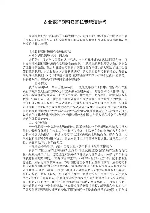 农业银行副科级职位竞聘演讲稿