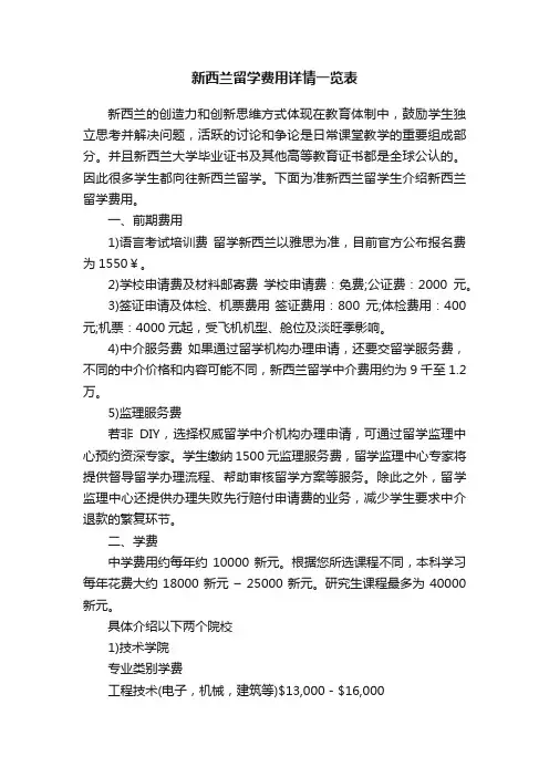 新西兰留学费用详情一览表