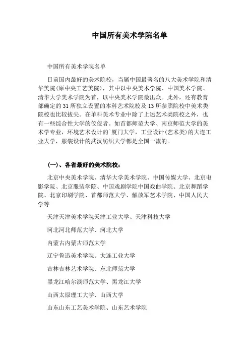 中国所有美术学院名单