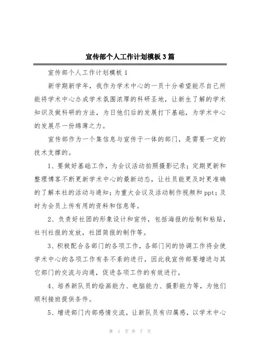 宣传部个人工作计划模板3篇