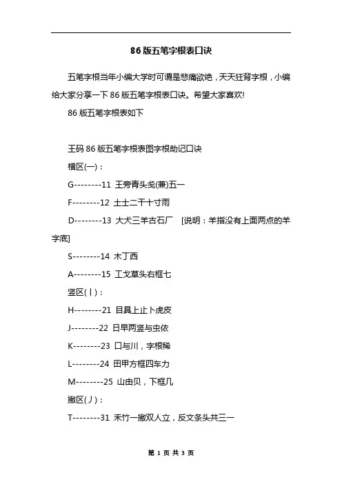 86版五笔字根表口诀