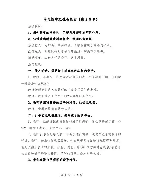 幼儿园中班社会教案《袋子多多》（2篇）