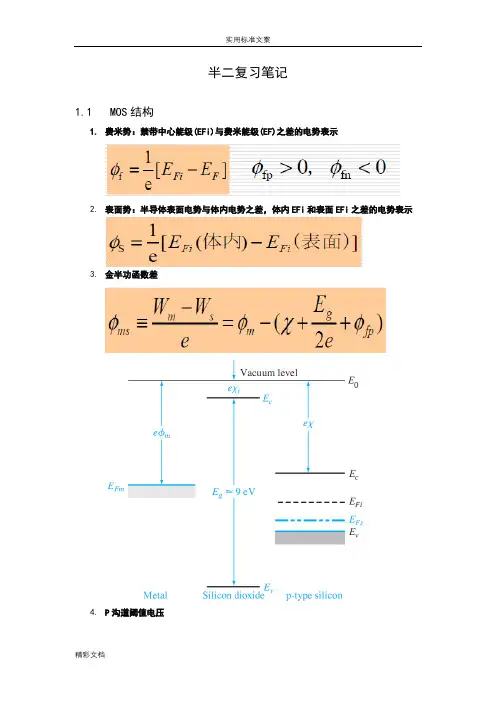 半导体器件物理II必背公式 考点摘要