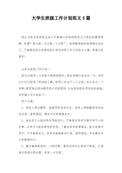 大学生班级工作计划范文5篇