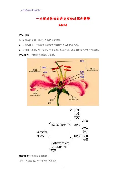 高中生物必修二学案9：1.1.1一对相对性状的杂交实验过程和解释 
