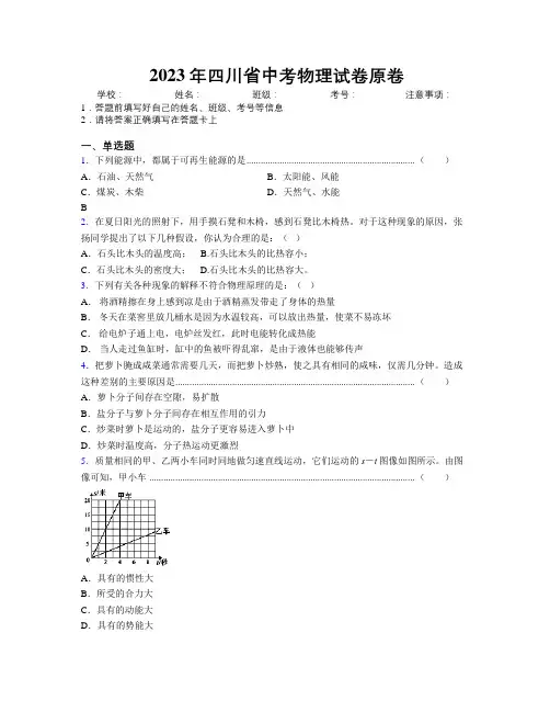 2023年四川省中考物理试卷原卷附解析