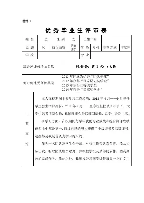 省级优秀毕业生评审表