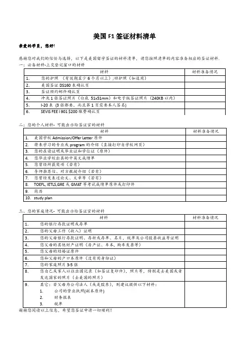 美国F1签证材料清单